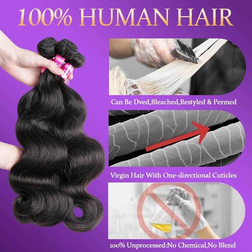 12A Human Hair Bundles 3 Bundles with Closure 16 18 20+14 Inch Brazilian Body Wave Bundles with 4x4 HD Lace Closure 100% Unprocessed Virgin Quick Weave Natural Black