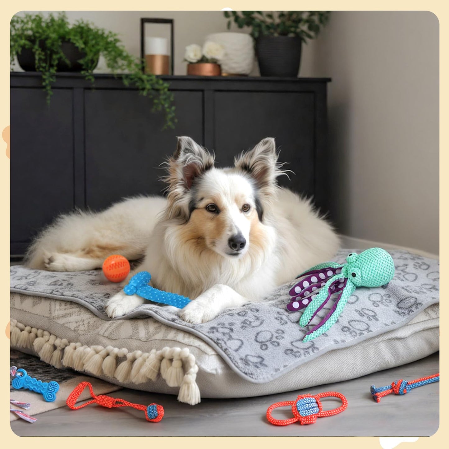 Zopeal 17 Pcs Mother‘s Day Puppy Gift Set, Dog Toy & Essentials Bundle with Chew Toys, Poop Bag Dispenser, Grooming Brush, Training Bell, Blanket & Rope Basket