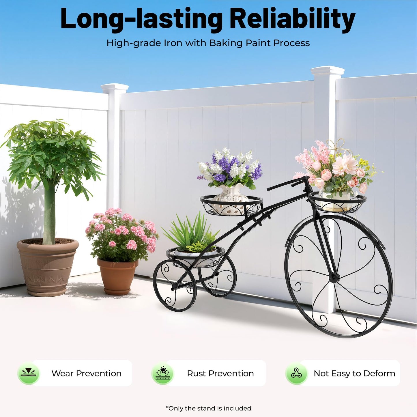 LXYIUTRW Bepritm Tricycle Bicycle Plant Stand, 3 Flower Baskets Flower Pot Cart w/ Wheels, Holder Patio Stand Holder Parisian Style Flower Display Stand Cart for Patio, Deck, Garden or Lawn