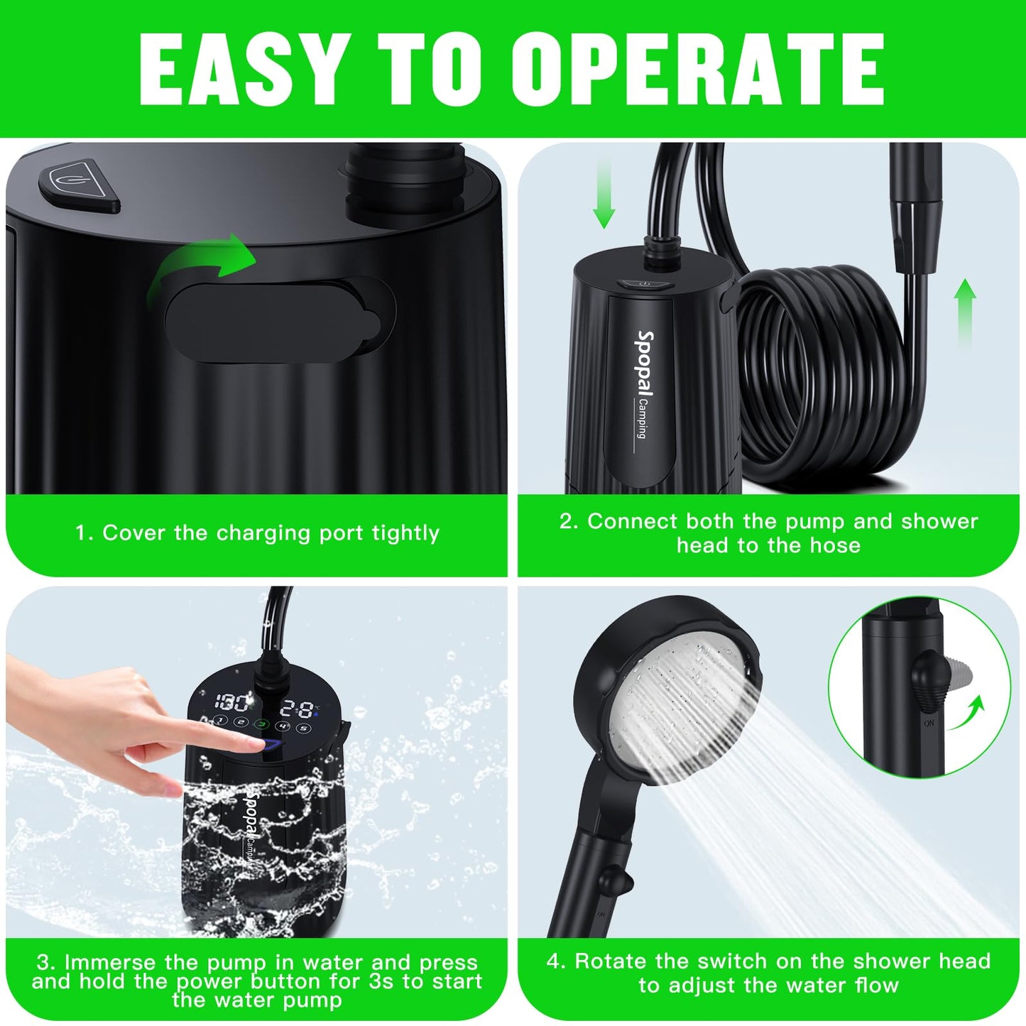Spopal Portable Camping Shower, [10000mAh Rechargeable], 5-Speed with Collapsible Bucket with Handle 20L, IPX8 Waterproof, LED Display Camp Shower Pump, Perfect for Hiking, Travel, Cars & Pets