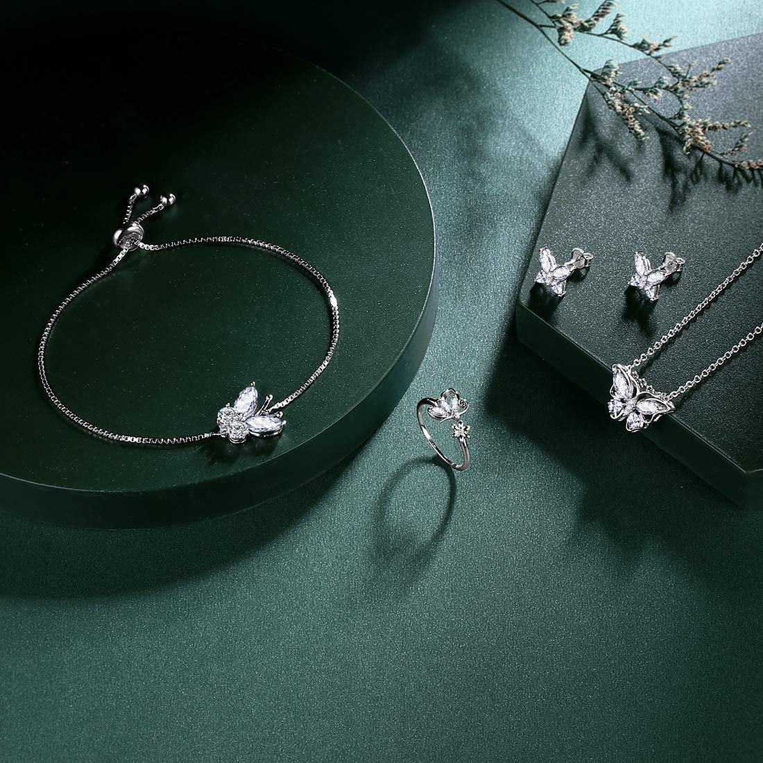 Hipunk Butterfly White Jewelry Sets Birthstone Women 925 Sterling Silver April-Diamond Birth Stone Animal Butterflies Jewelry Sets/Earring/Ring/Bracelet Set Crystal Birthday Jewelry SS0003W