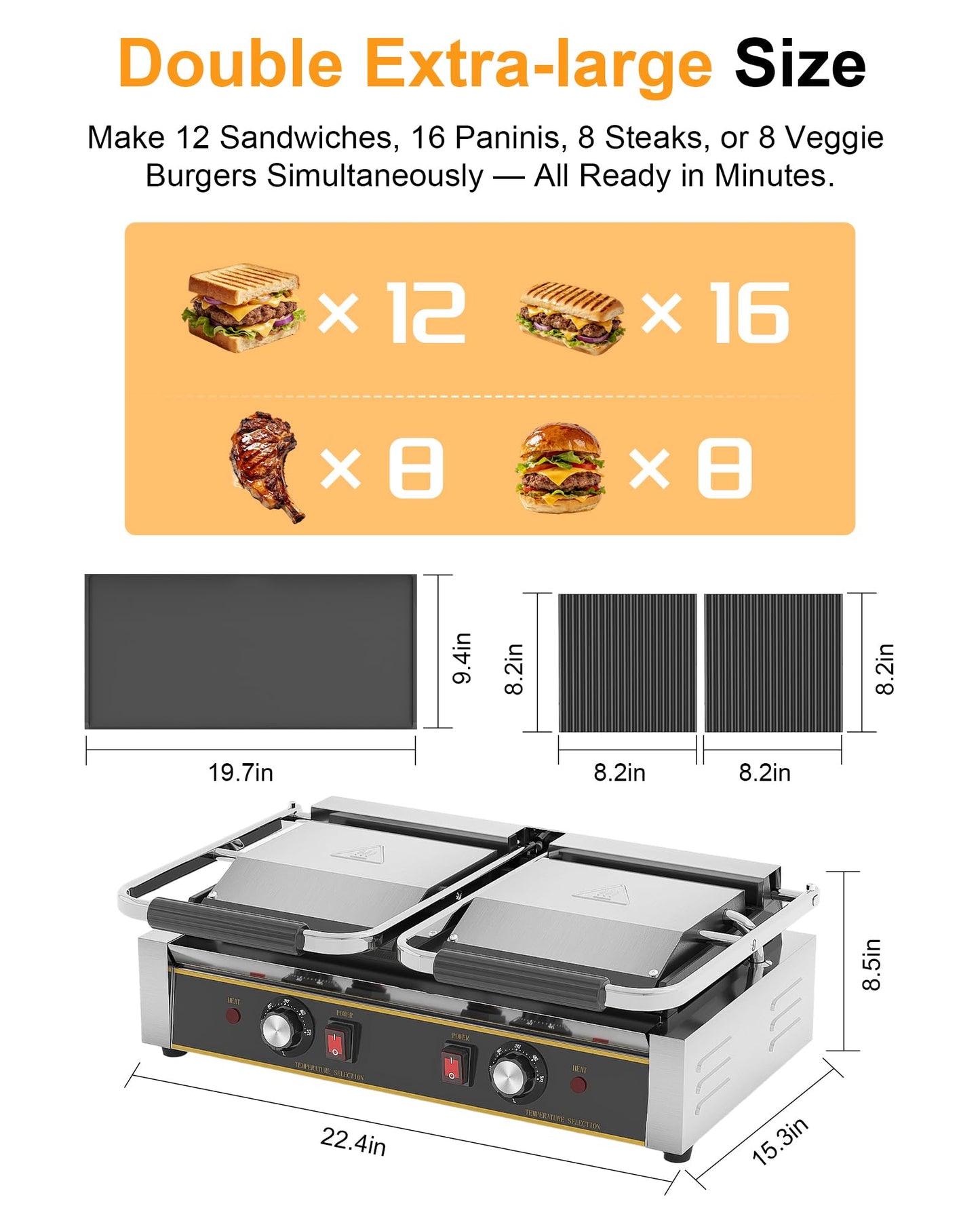HTTSICHI Commercial Panini Press - 3600W Electric Sandwich Panini Maker, Stainless Steel Double Sandwich Grill w/Nonstick Coating & Temp Control, 19x9 in Plate for Hamburger Steak Bacon