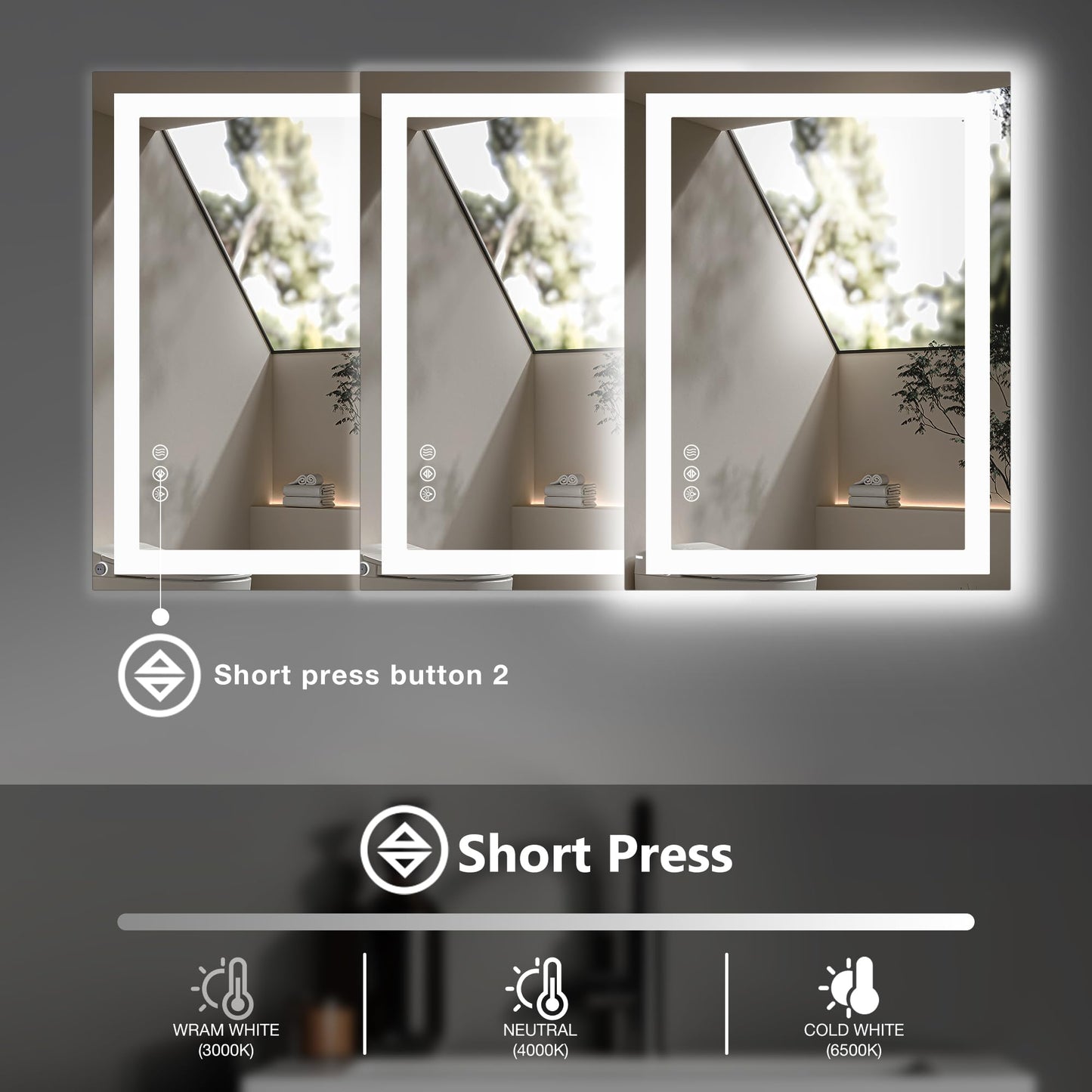 NEWBULIG Smart Anti-Fog LED Bathroom Mirror with Front Light & Backlit, 3 Color Modes, Dimmable, Memory Function, Wall-Mounted Modern Rectangular Vanity Mirror, White, 32"x40"