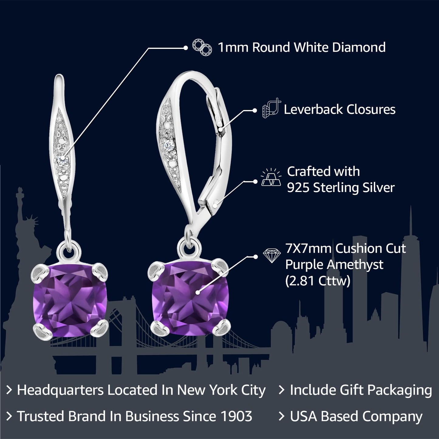 Gem Stone King Drop Dangle Earrings For Women | 7MM Cushion Cut Gemstone Birthstone and Diamond | 925 Sterling Silver | Jewelry Gift for Mom Wife Her | Amethyst-February | Sterling Silver
