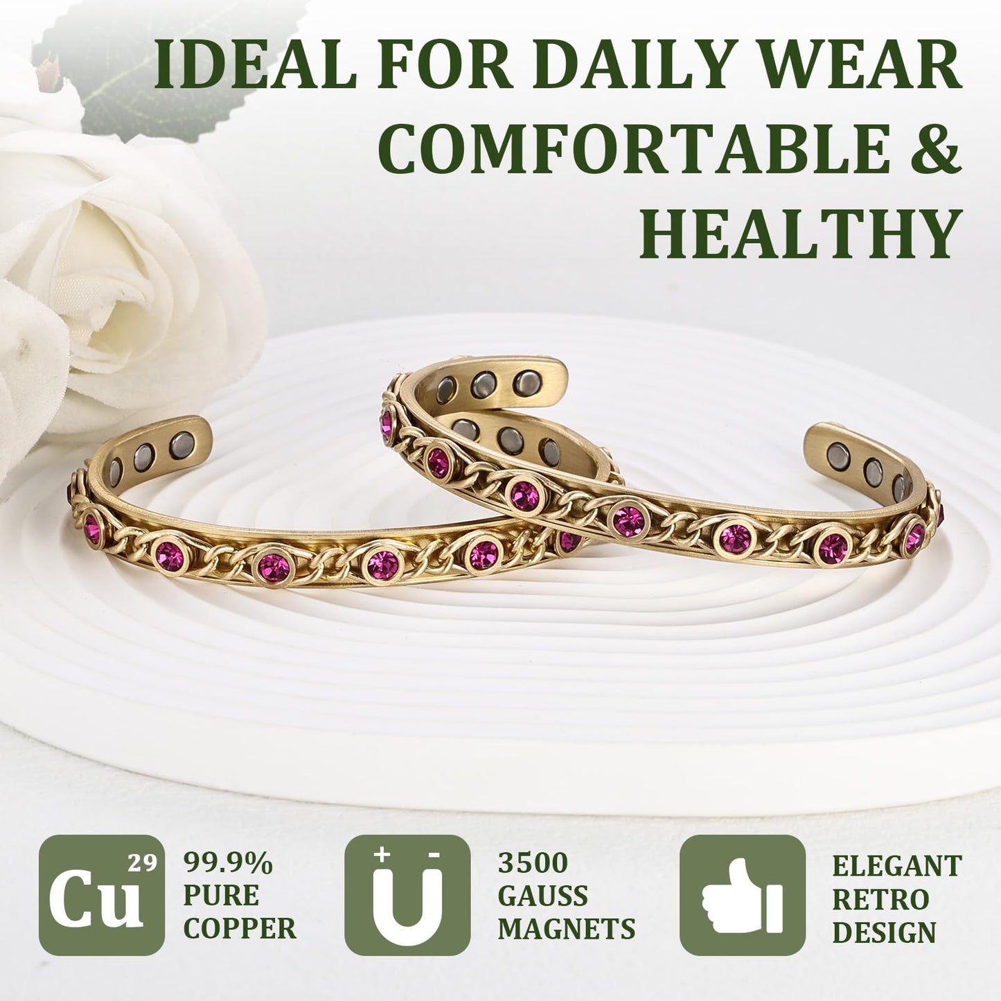MagEnergy Handmade Copper Bracelet with Braided Twisted Wire & Emerald CZ Stones, Copper Magnetic Cuff for Women, Adjustable Bangle & Wellness Jewelry Gift（Gold&Rose Red）