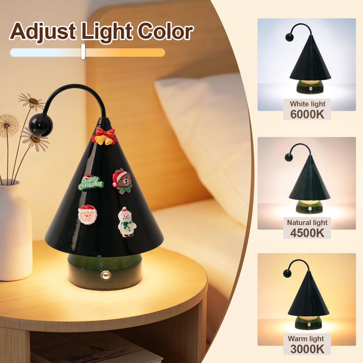 Qeipy Led Lights Cozy Home Decor Cute Christmas Tree Desk Lamp Ambient Lighting,Touch Control, Cordless Rechargeable Battery Operated,for Living Room,Bedroom,Nightstand (Black)