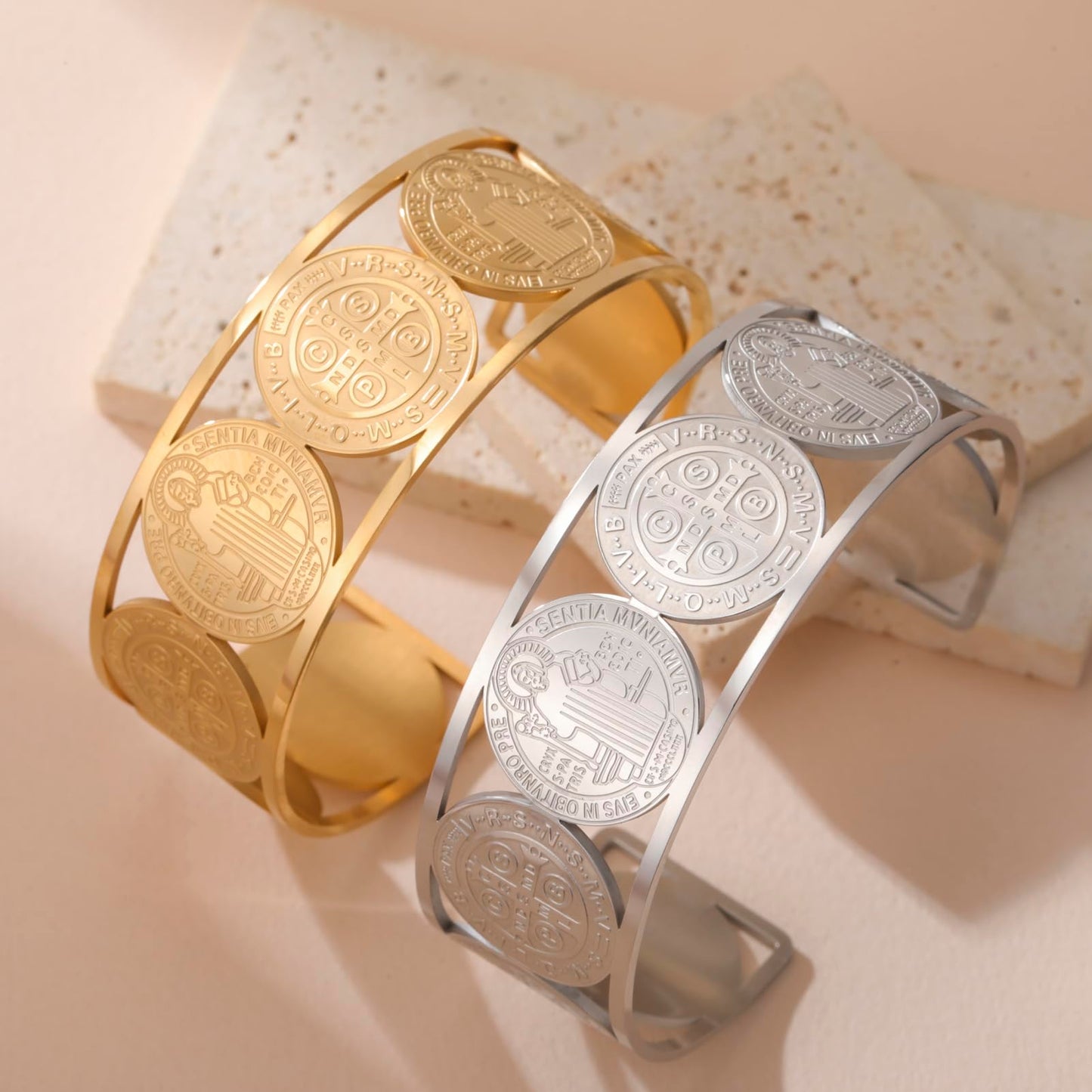 Amaxer Adjustable St. Benedict Open Cuff Bangle Bracelet for Women Men Stainless Steel Religious Jewelry 0.88in Wide (gold)