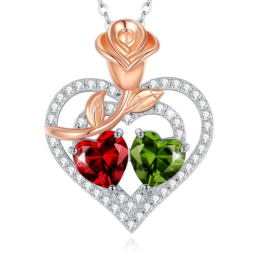AGVANA January August Birthstone Jewelry Garnet Peridot Necklace Sterling Silver Rose Flower Heart Double Birthstone Pendant Necklace Anniversary Birthday Gifts for Women Mom Wife Lady Her