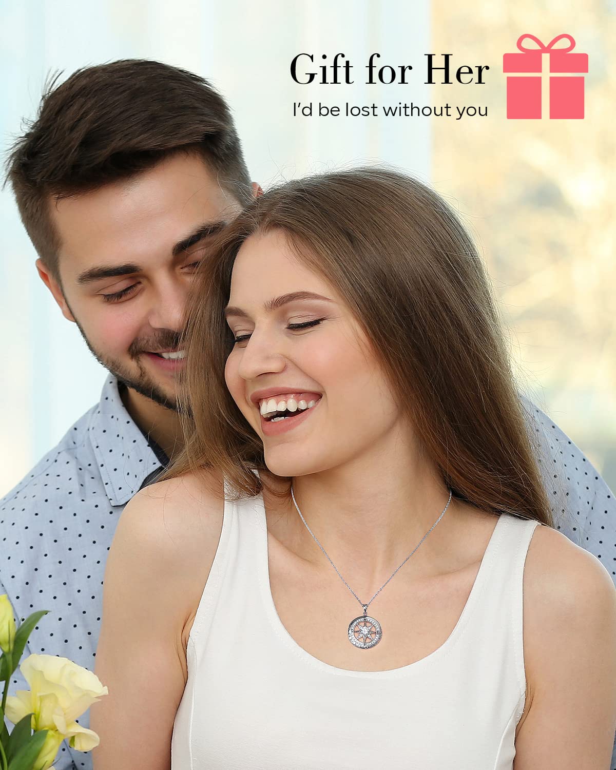 S925 Sterling Silver Necklace for Wife, Women Anniversary Year Gifts Compass Jewelry, Birthday Gift Ideas for Her Girlfriend Woman Necklaces, 18K White Gold April