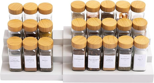 KitchenEdge Expandable Spice Rack Organizer for Cabinet, 3-Tier Shelf for Spice Organization (11â to 22â), Fits 36 Spice Jars, Seasoning and Pantry Storage, Non-Slip Feet, 100% Bamboo, White Finish