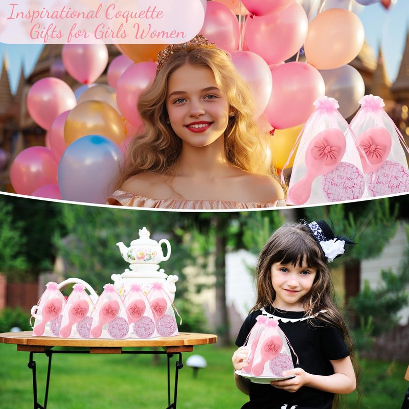 Wonderjune 12 Set Pink Bow Party Favors Women Coquette Compact Mirrors with Mini Hair Brush Organza Bag Inspirational Coquette Aesthetic Preppy Gifts for Sleepover Birthday Bow Themed Party Favors