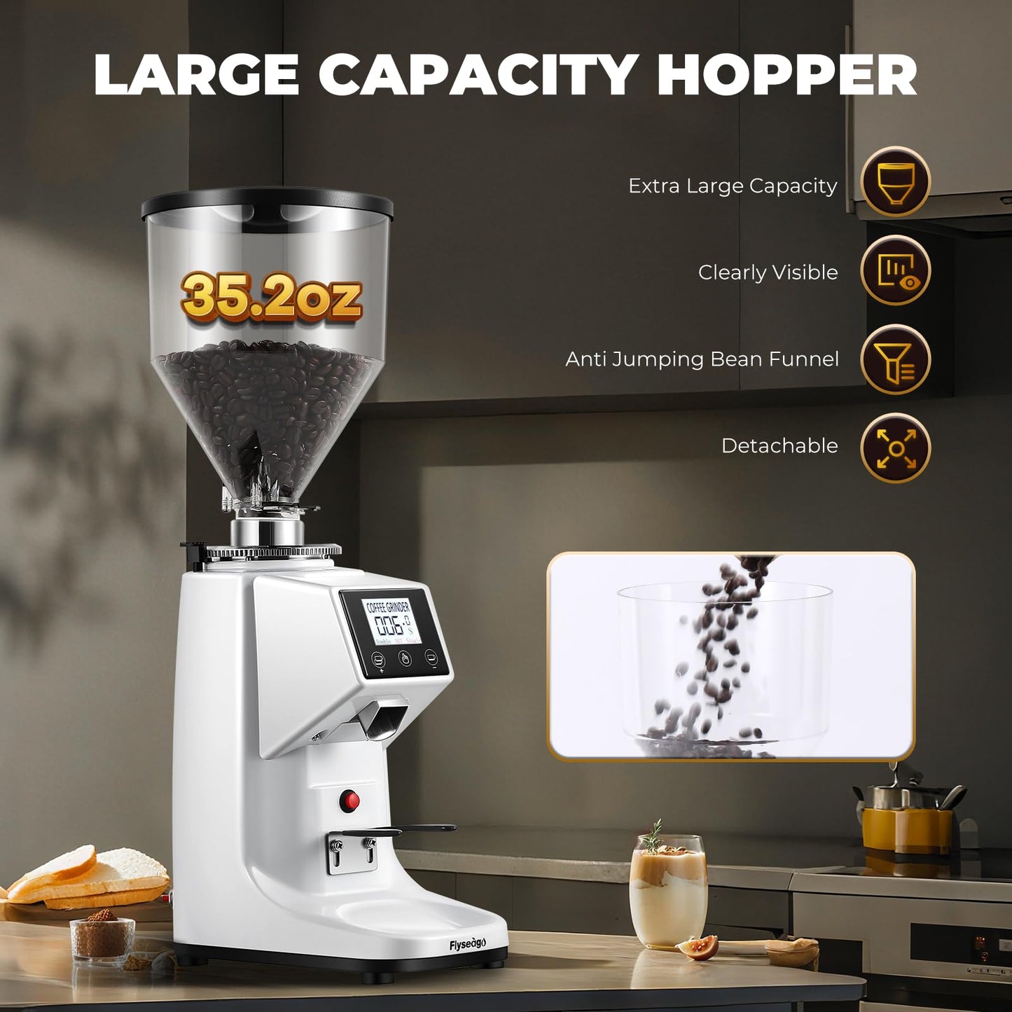 Flyseago Commercial Coffee Grinder Electric Flat Burr Coffee Bean Grinder with 19 Settings Touch Screen Espresso Machine with Large 35oz Hopper, White