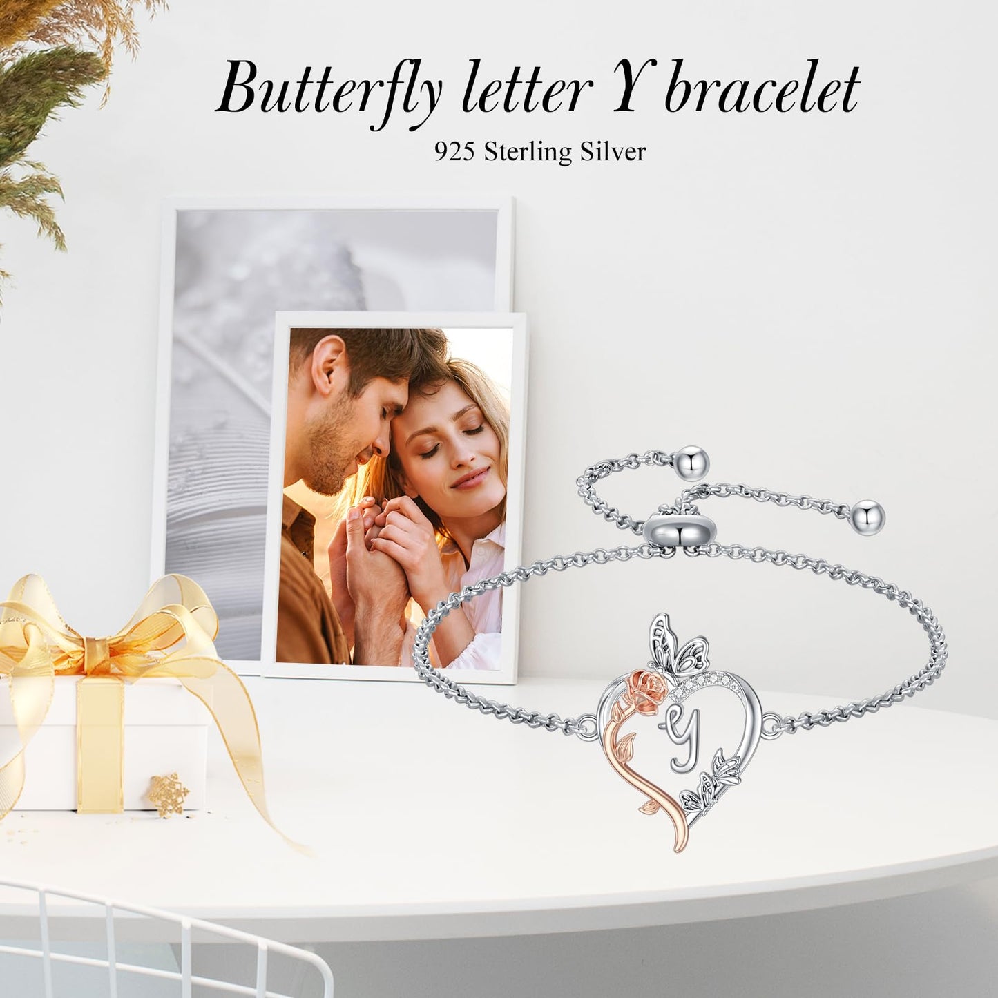 TOUPOP Rose Heart Bracelet for Women Sterling Silver Heart Initial Y Letter Bracelet Butterfly Love Jewelry Anniversary Birthday Mothers Day Gifts for Mom Wife Her Girlfriend