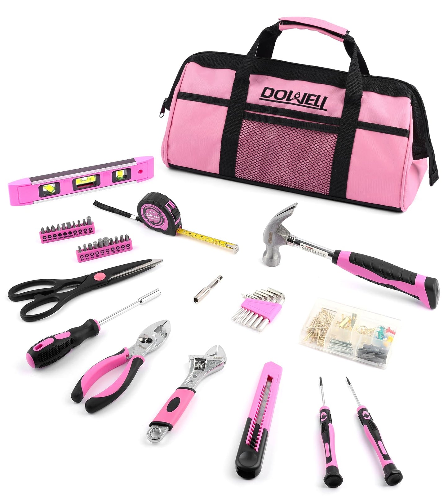 DOWELL Pink Tool Kit 140PCS for Women, Girls, Ladies, Household Tool Set with 14” Tool Bag