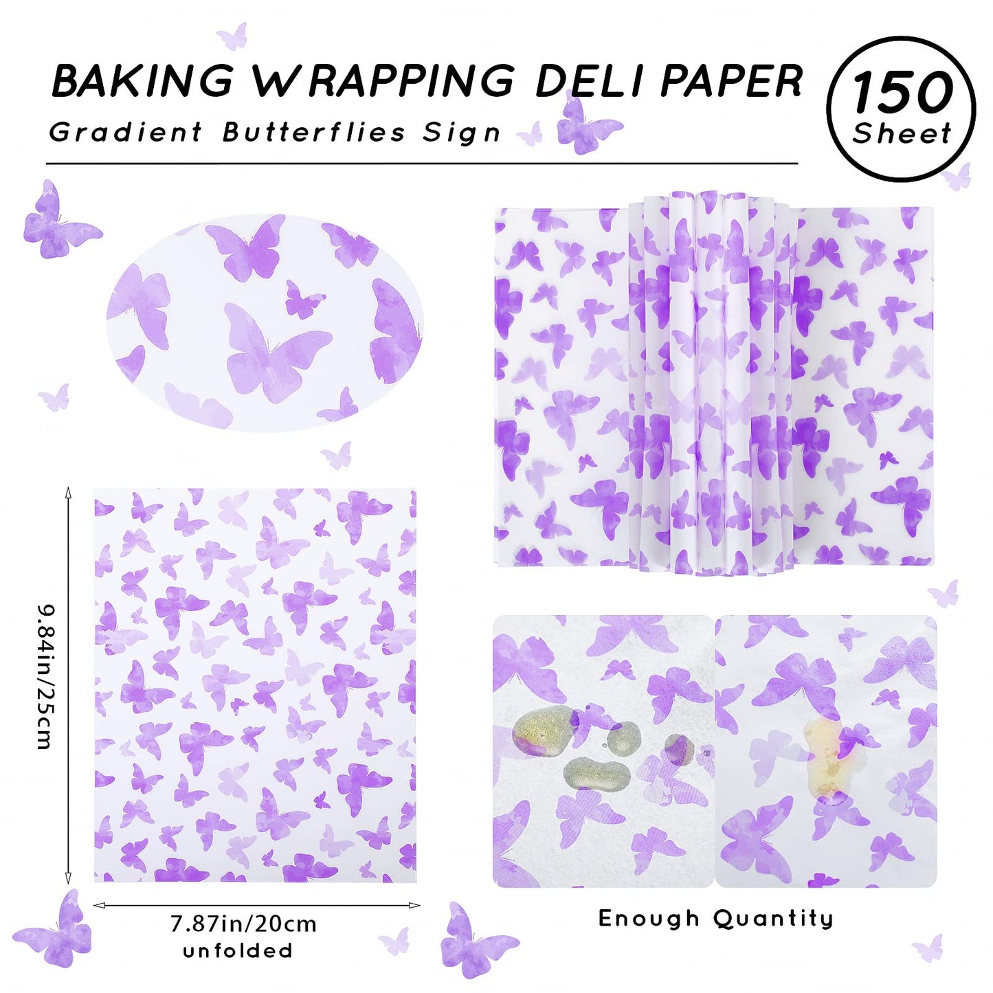 150 Pcs Wax Paper Sheets 7.8 x 9.8 Inche for Food Butterfly Deli Baking Wrapping Wax Paper Sheets Greaseproof Picnic Wrap Tissue for Hamburger Basket Sandwich Holiday Birthday Party Dessert(Purple)