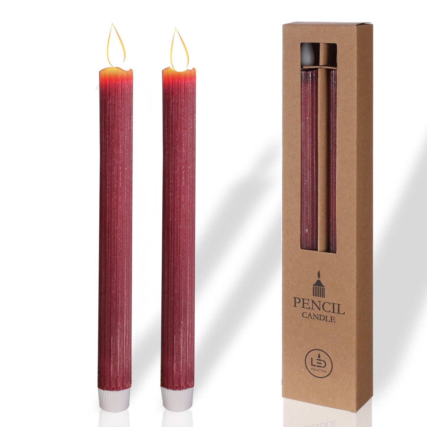 comforder Flameless Taper Candles – Flickering LED Flame with 6H Timer – Real Wax, Ribbed Design – Battery Operated Set of 2 – 10" Tall (Burgundy Red)"