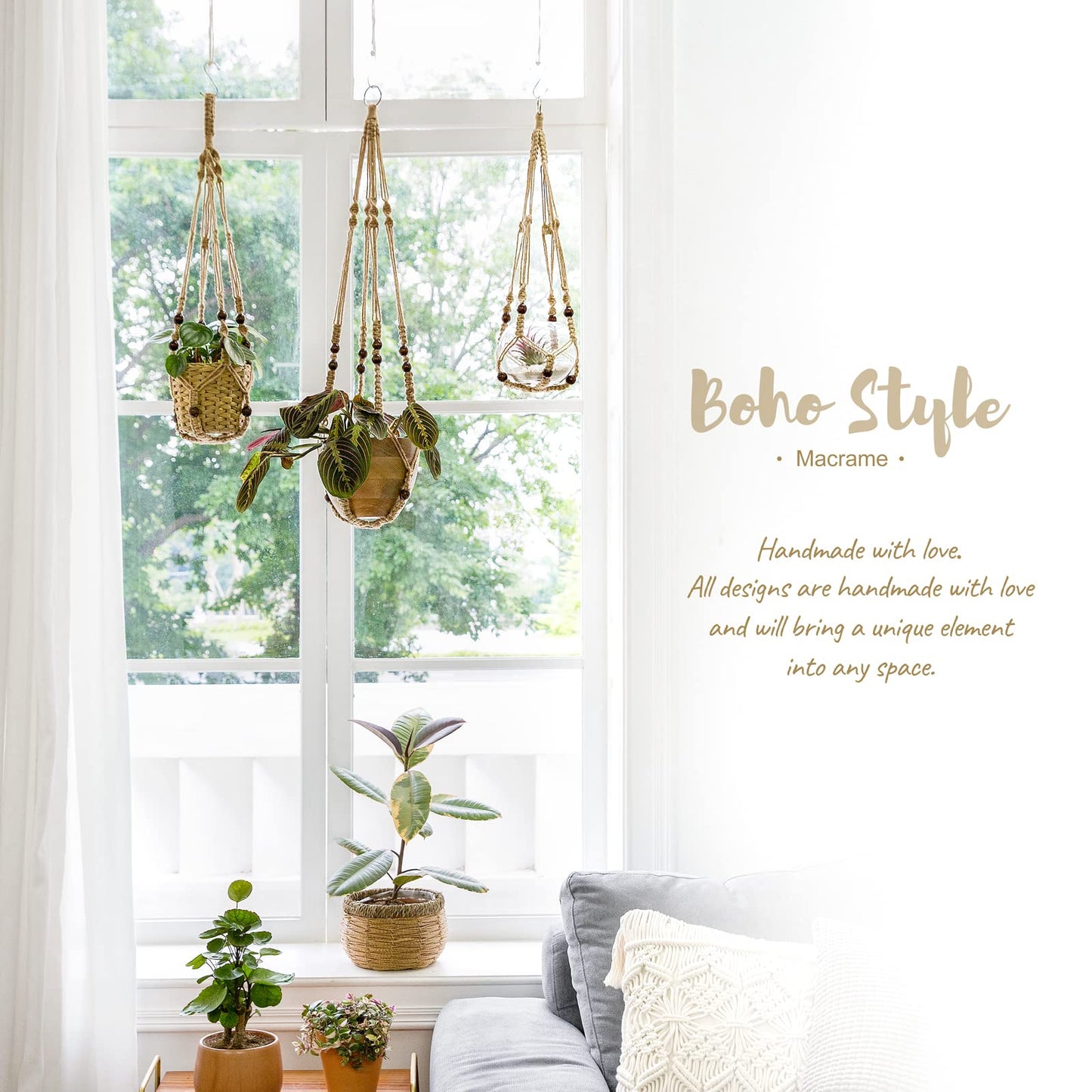 Mkono Macrame Plant Hanger Indoor Jute Hanging Planter Basket with Wood Beads Decorative Flower Pot Holder No Tassels for Indoor Outdoor Boho Home Decor 35 Inch, Brown, Set of 2 (POTS NOT Included)