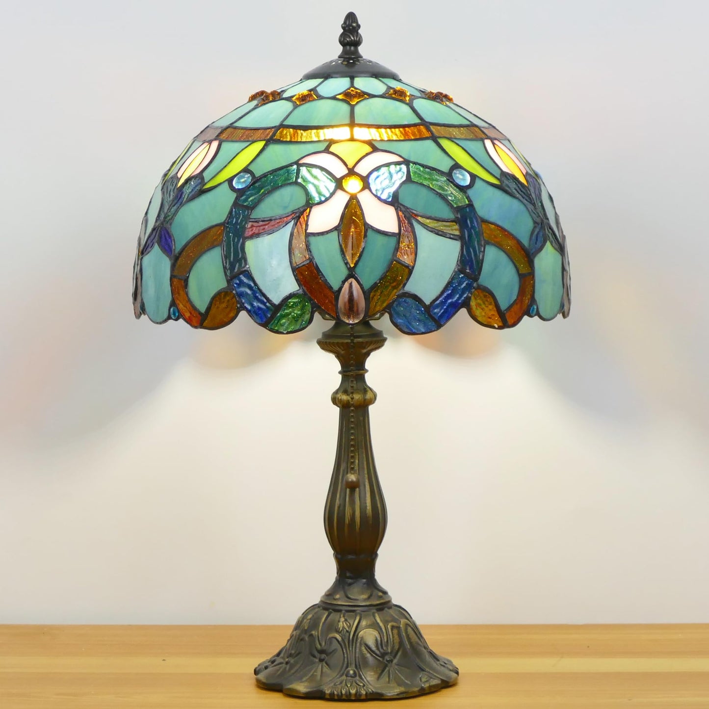 WFAYNTIFL Tiffany Lamp Stained Glass Table Lamp Antique Bedside Reading Light W12H19 Inches (Sea Blue Baroque)