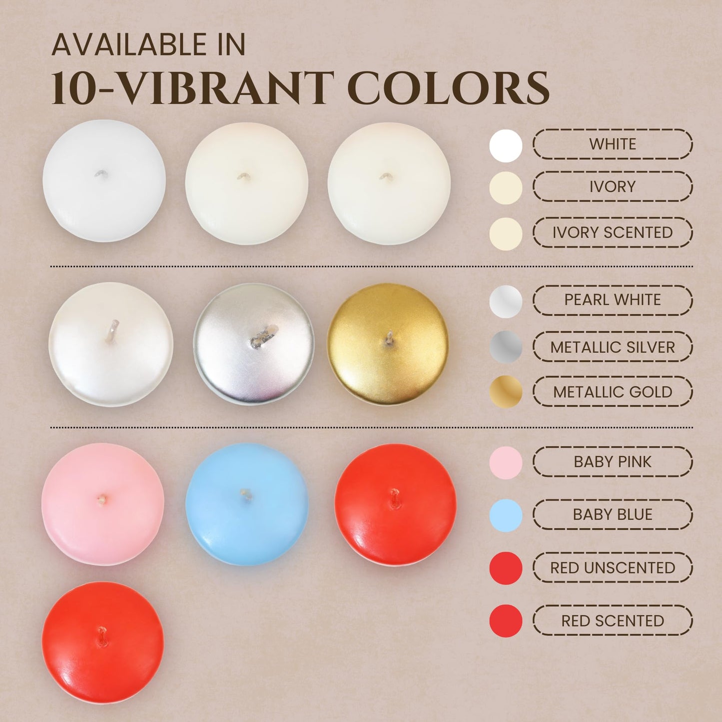 Axiom Floating Candles 4 Hours Burning Time Dripless Floating Candles for Valentine's Day Natural Hand Rolled Wax Candles for Parties (12, Metallic White)