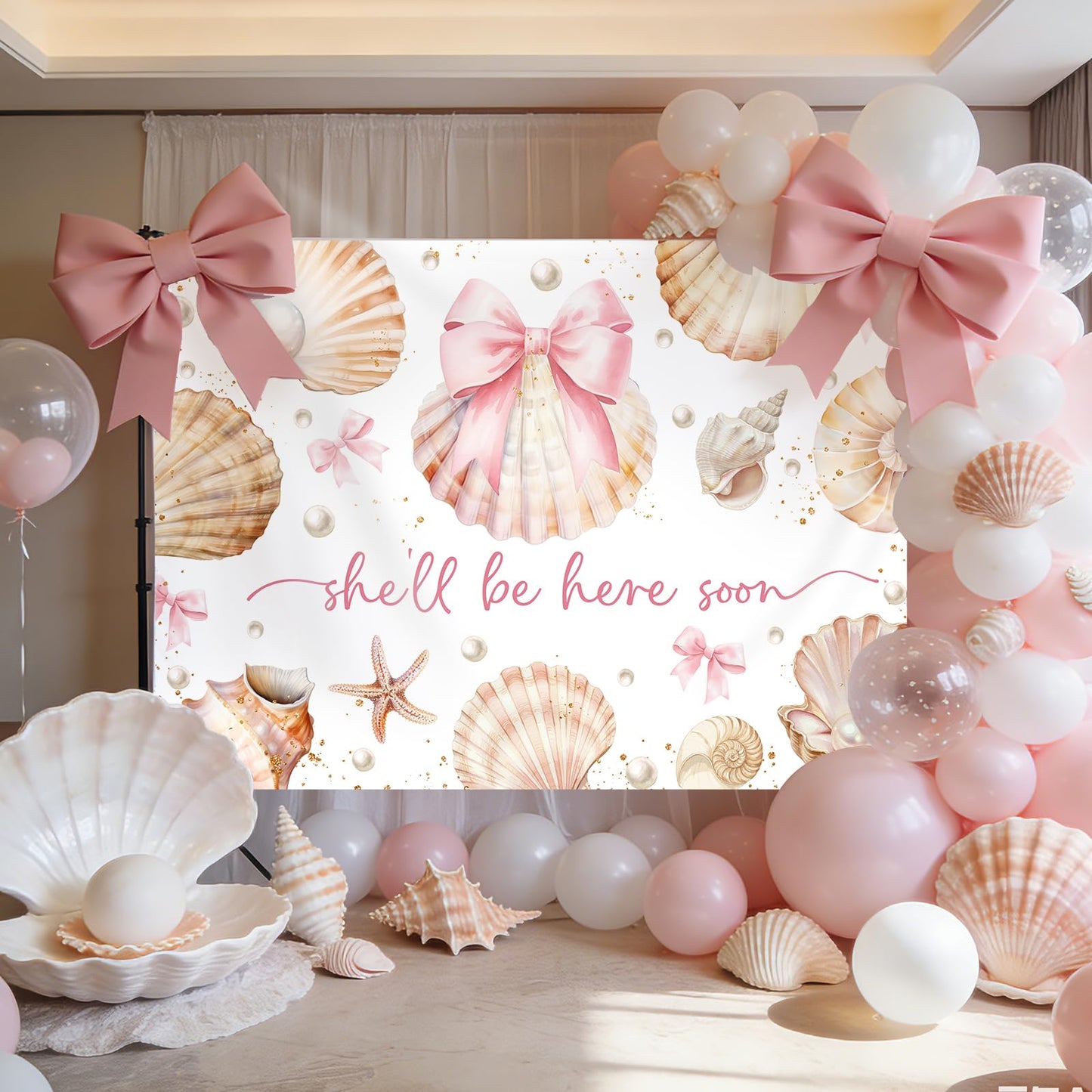 Bcuuipo Shell Themed Baby Shower Backdrop She'll Be Here Soon Pink Bowknot Pearl Seashell Photography Background for Girls Newborn Baby Shower Party Decoration Supplies Banner Photo Booth Props 7x5ft