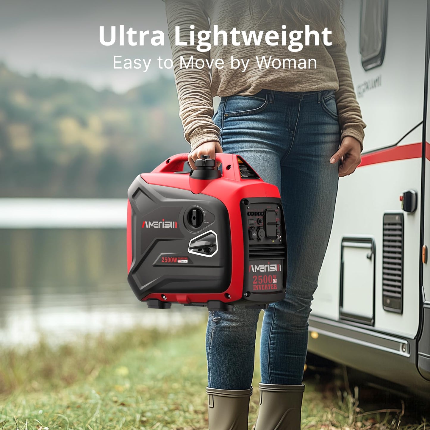 AMERISUN 2500W Portable Inverter Generator, Gas Powered Generator with CO Sensor, 11H Runtime, 120V AC/12V DC/USB, Quiet, Lightweight for Outdoor, Home Backup, RV, Camping & Emergency Power