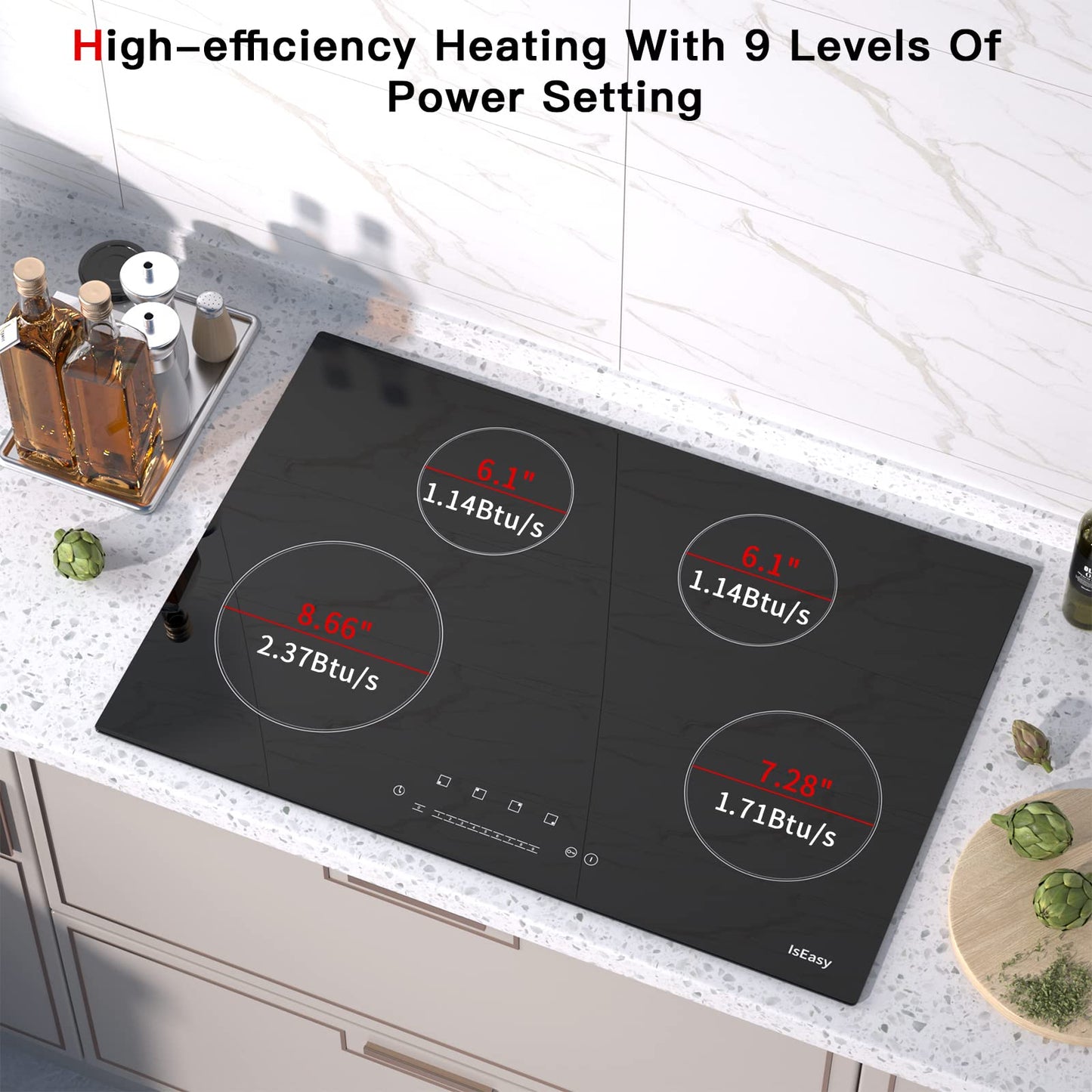 IsEasy 30-inch Induction Cooktop, 4 Burner Built-In Electric Cooktop, Drop-in Glass Cooker With Touch Control, 9 Power Levels, Child Safety Lock, Timer, 6800W