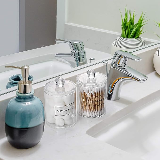 2 Pack Acrylic Qtip Holder Dispenser for Cotton Swabs, Balls, Pads, Floss Picks- Small Clear Plastic Canister Apothecary Jar Set, Bathroom Essentials Accessories Decor, Vanity Makeup Storage Organizer