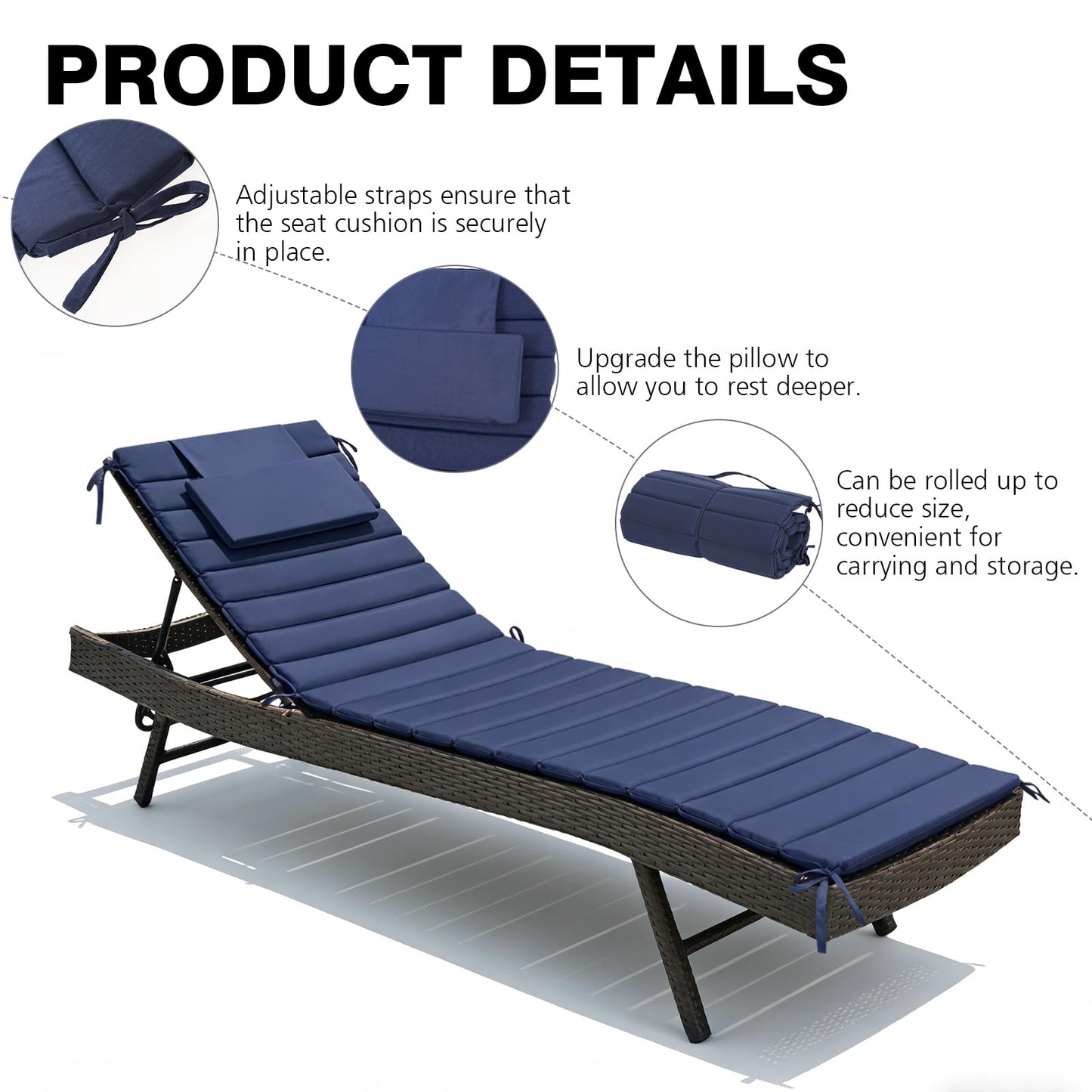 Minventiss Chaise Lounge Cushion Outdoor Set of 2，Patio Foldable Chaise Lounger Cushion，Foldable Waterproof Pool Lounge Chair Cushions with Straps, Lounger Cushions for Outdoor Furniture，71''Lx21''W