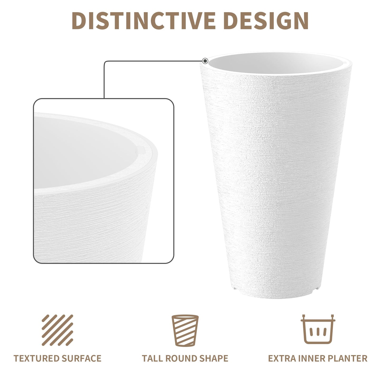 Kante Tall Round Planter Set of 2, 13 Inch Tall Decorative Planter Pots for Outdoor Indoor Garden Patio Front Porch (White)