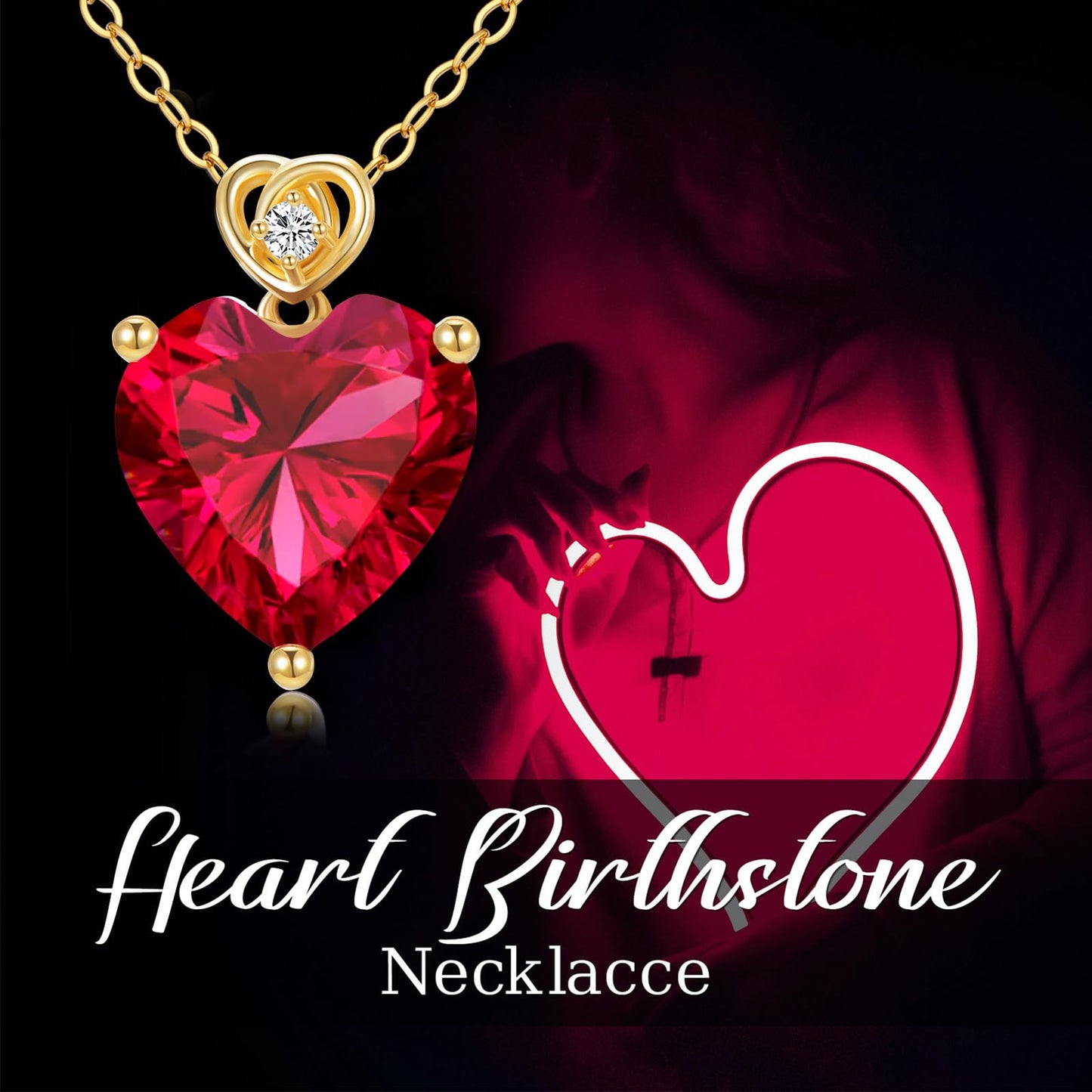 NFYBD 14k Gold Love Heart Red Ruby Birthstone Pendant Necklace for Women 3 Carat Heart-cut Created Gemstone Anniversary Birthday Mother's Day Necklaces for Her 16+1+1 inch-Jul