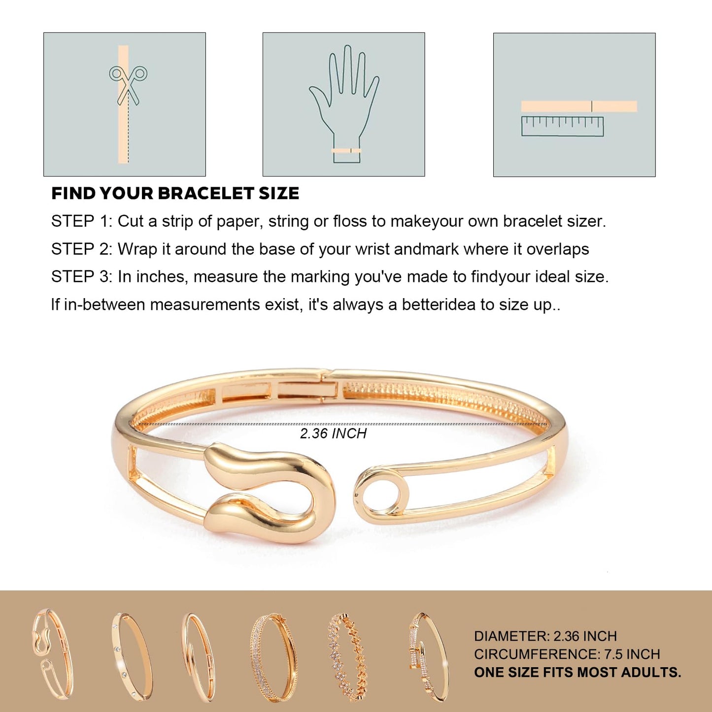 6-Piece 18K Gold Plated Bangle Bracelet Set for Women - Clover, Rivet & Safety Pin Designs, Stackable Trendy Jewelry, Zinc Alloy with Rhinestones, Tarnish & Oxidation Resistant, Gift for Her, Girlfriend, Wife, Mom, Sister, Lover on Birthday, Christmas, Va