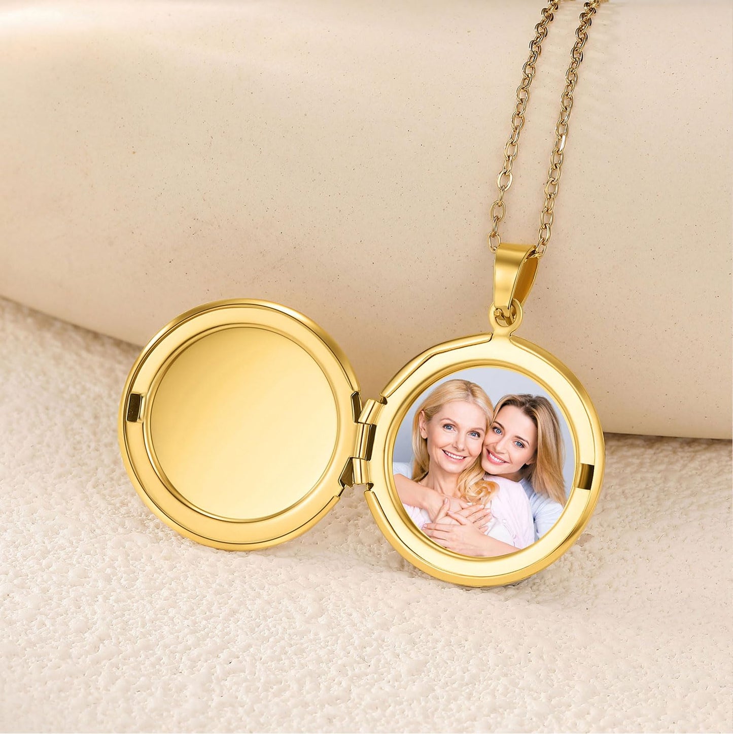 PHOCKSIN Gold Glossy Round Locket Necklace Personalized Photo Locket Necklace for Women Custome Picture Inside with Text Engraved Customized Lockets Gifts for Women
