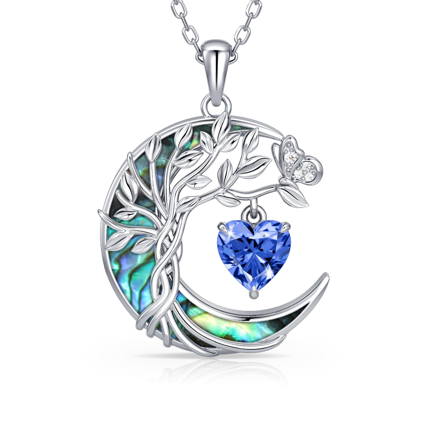 Distance Tree of Life Birthstone Necklace for Women, S925 Sterling Silver Premium Abalone Shell Moon Pendant December Heart Birthstone Necklace, Tanzanite Jewelry Christmas Birthday Gifts for Her Wife