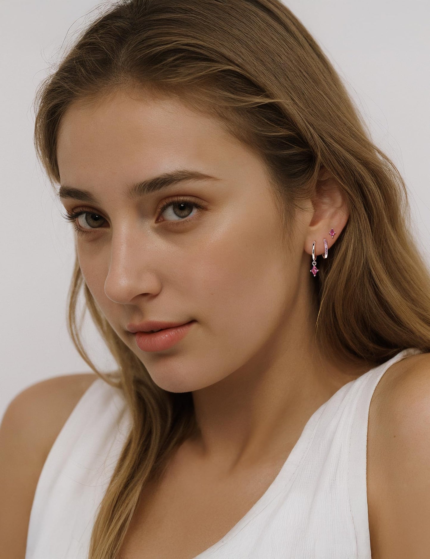 Angelady 3 Pairs Sterling Silver Pink Earrings Set for Women, Hypoallergenic Silver Magenta Dangle Earrings for Women, Dainty Huggie Hoop Pink Earring Stacks Trendy Red Jewelry Gifts