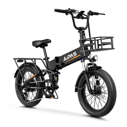 Aipas F3 Electric Bike for Adults with 1500W Motor Peak,48V 12.8Ah Removable Battery Max 62 Miles 28MPH,20" x 3.0 Fat Tire Folding Electric Bike with 7-Speed and Full Suspension with Front Basket