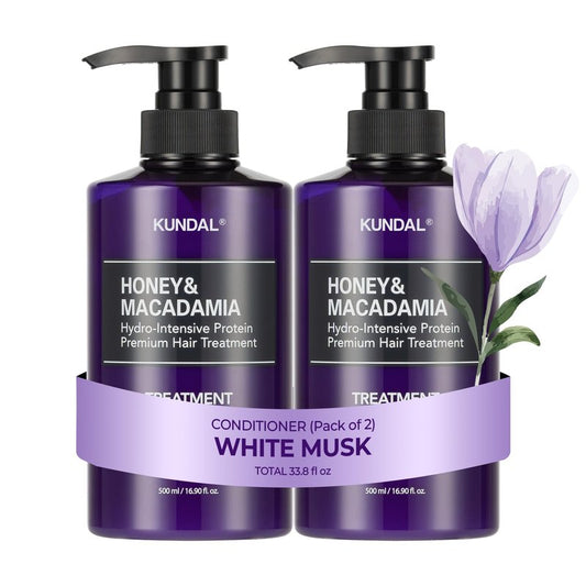 KUNDAL Honey & Macadamia Hydro-Intensive Protein Premium Hair Conditioning Mask, White Musk, 16.9 Fl Oz, 2 Pack - Korean Hair Care for Dry-Looking Hair, LPP Protein, Ceramide NP, Argan Oil