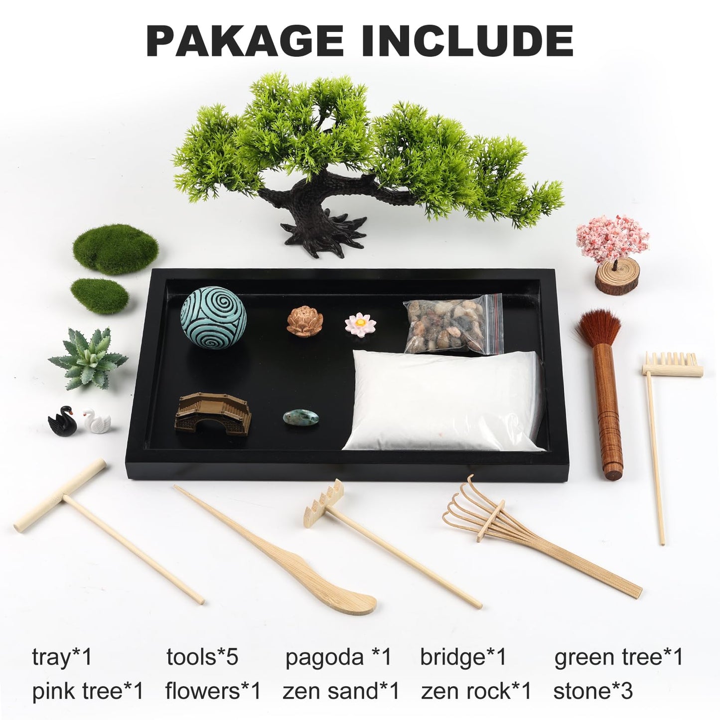 Zen Garden Kit for Desk Decor - Premium Beautiful Japanese Mini Zen Sand Garden Box Set for Home, Office with Black Wooden Tray, White Sand, Tools, Sandball - Desktop Meditation, Accessories
