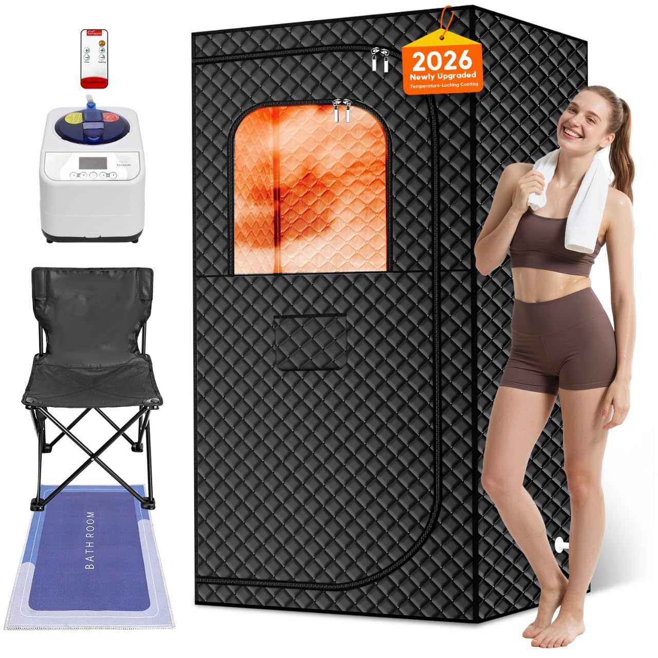 MIXC Portable Steam Sauna Box, Portable Sauna for Home, Person Sauna Tent Sauna Box at Home Spa with 2.6L & 1500W, Remote Control, Folding Chair (Single-Person Version-Black)
