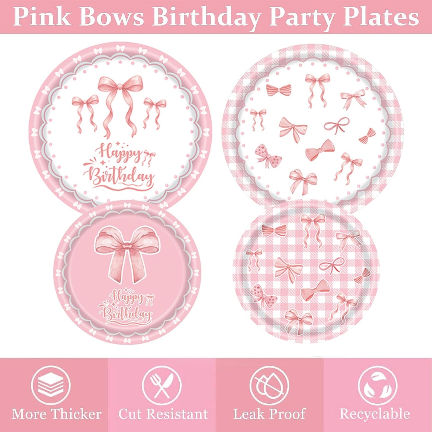 219 pcs Pink Party Decorations Set with Bow Theme, Plates, Napkins, Cups, Cutlery, Balloons, Happy Birthday Foil Banner, Bow Foil Balloons, Tablecloth, and Stickers, Serves 24