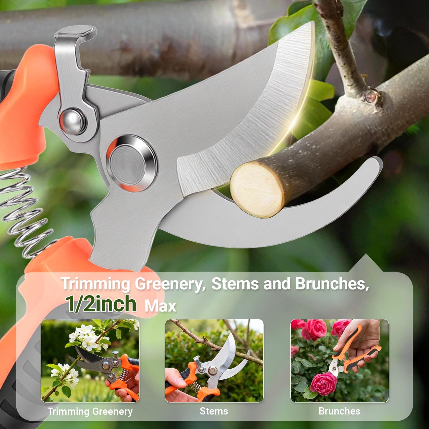 Hungsual Pruning Shear, Premium Gardening Scissors for Rose Bushes, 7.5IN Garden Pruner Effortlessly Cuts 0.6IN Branches with Stainless Steel Blades Softgrip, One-Hand Lock Garden Clippers for Shrubs