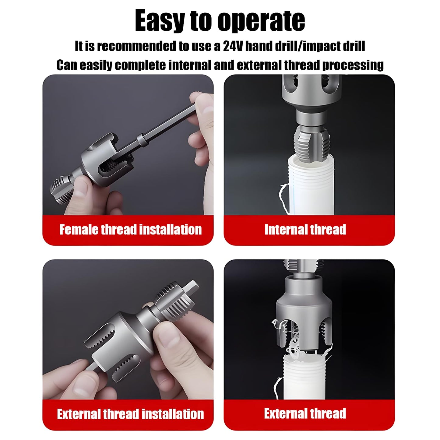 2025 New Dual-Function Pipe Thread Cutting Tool, Integrated Internal & External Pipe Threading Tool, Electric Drill Compatible PVC Pipe Threader Kit, 1/2" 、3/4" Dies, for Home Repair (1/2" + 3/4")