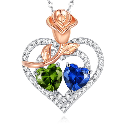 AGVANA August September Birthstone Jewelry Peridot Sapphire Necklace Sterling Silver Rose Flower Heart Double Birthstone Pendant Necklace Anniversary Birthday Gifts for Women Mom Wife Lady Her