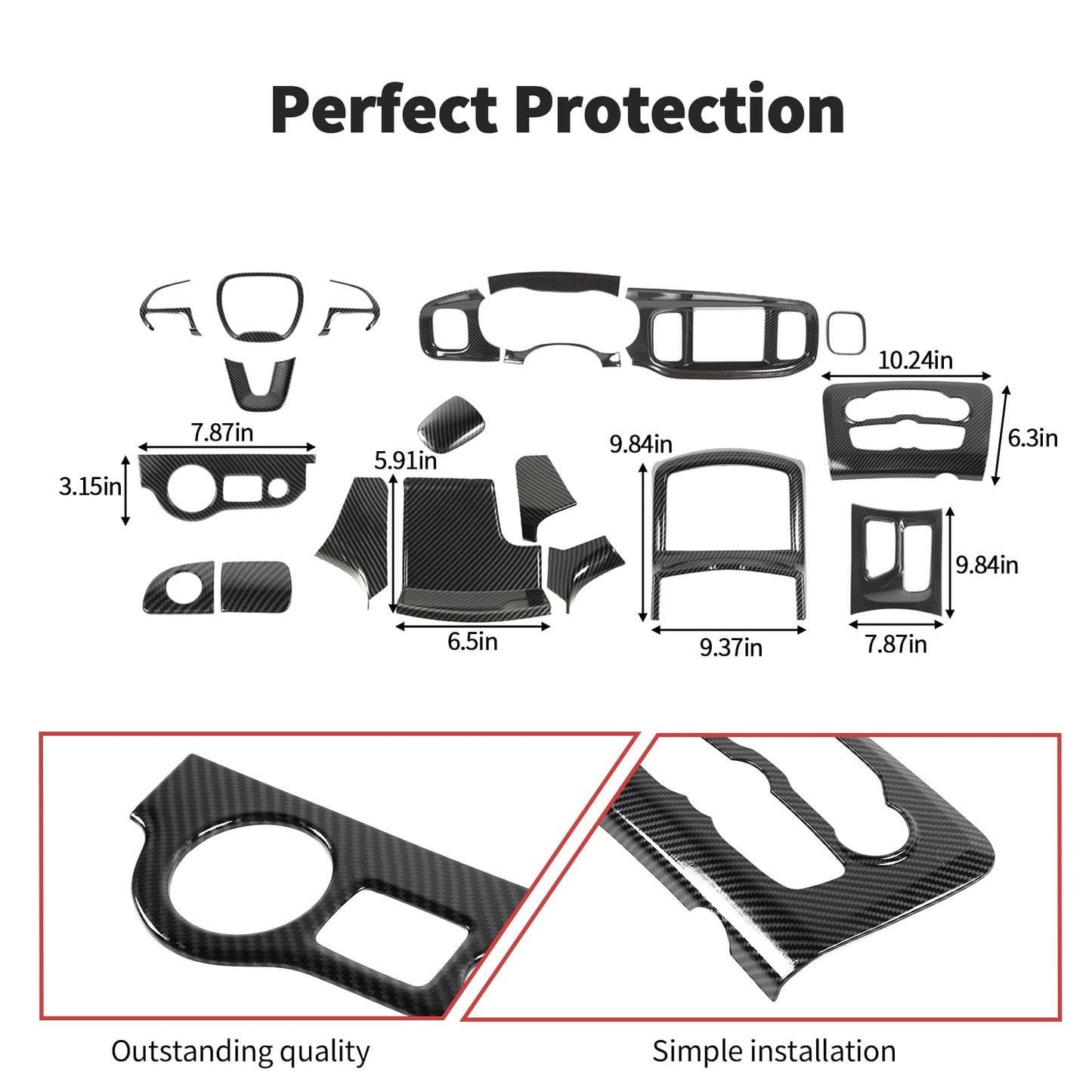 JWWY Dashboard Carbon Fiber Interior Trim Kit Cover Fit for 2015-2025+ Dodge Charger, Gear Shift Panel Console Outlet Vent Cup Holder Navigation Panel Headlight Switch Cover,20Pcs