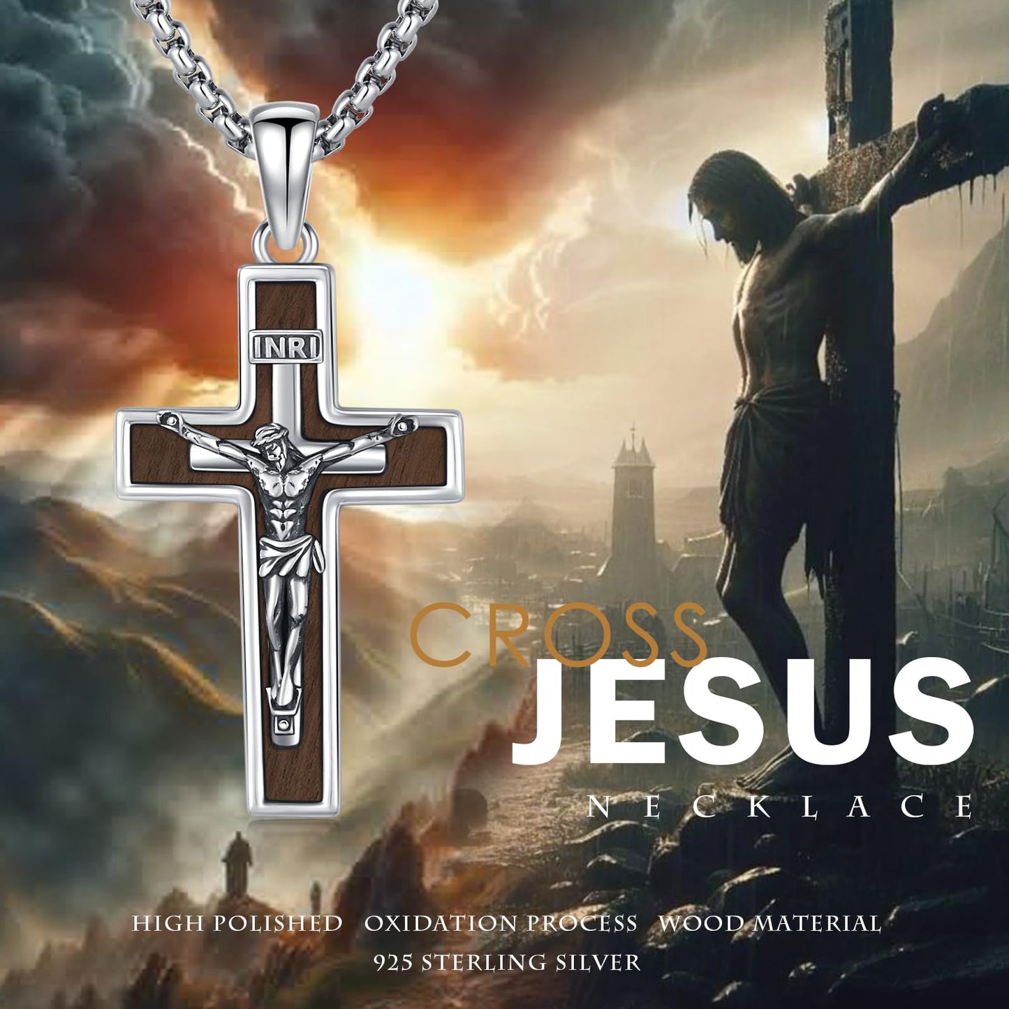 YEESIA Wooden Cross Necklace for Women Men 925 Sterling Silver Jesus Crucifix Pendant Necklace Cross Jewelry Gift for Women Men