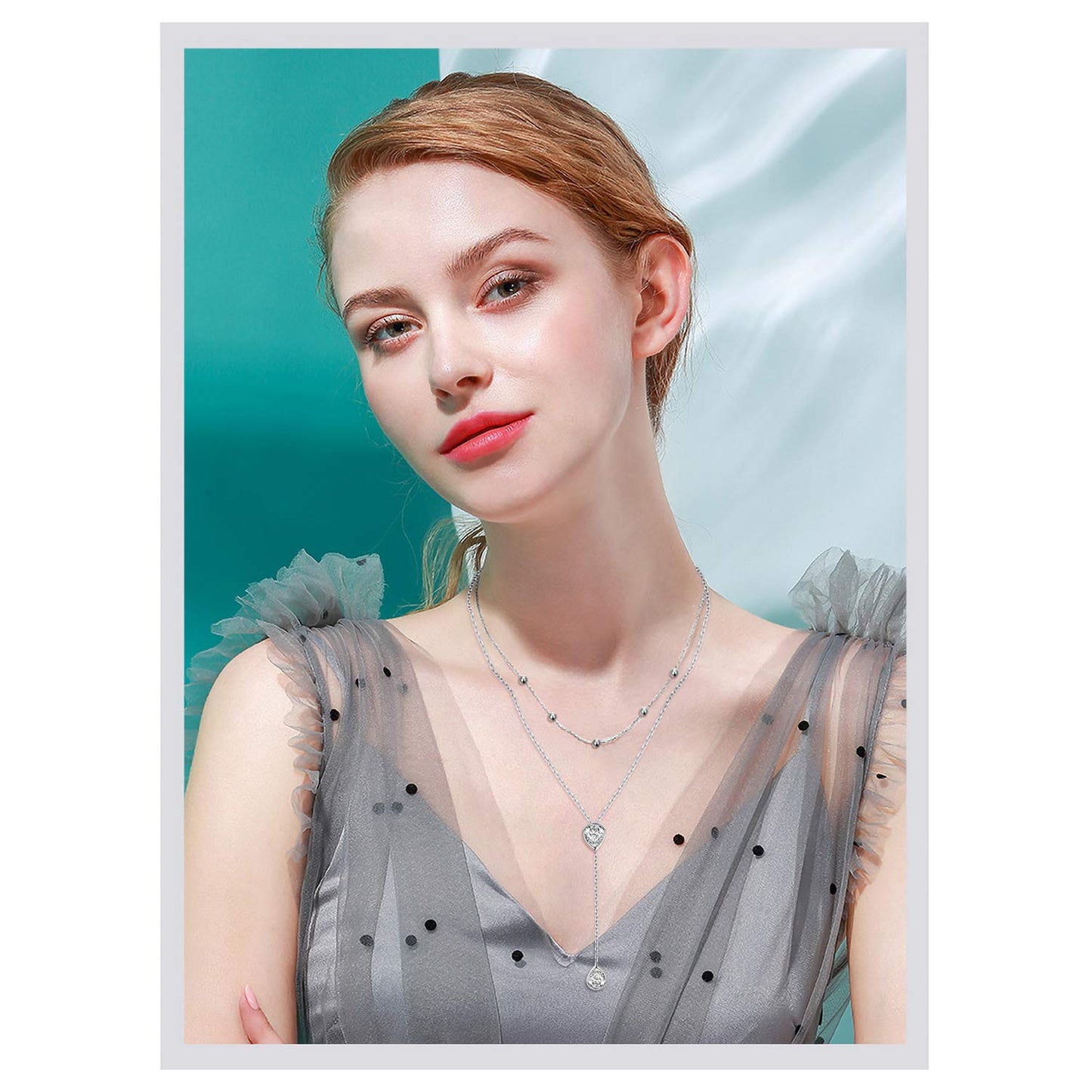 FLYOW S925 Sterling Silver Double Layered Necklace Teardrop CZ Choker Y Lariat Necklace Birthday Gifts for Women Wife Fiancée