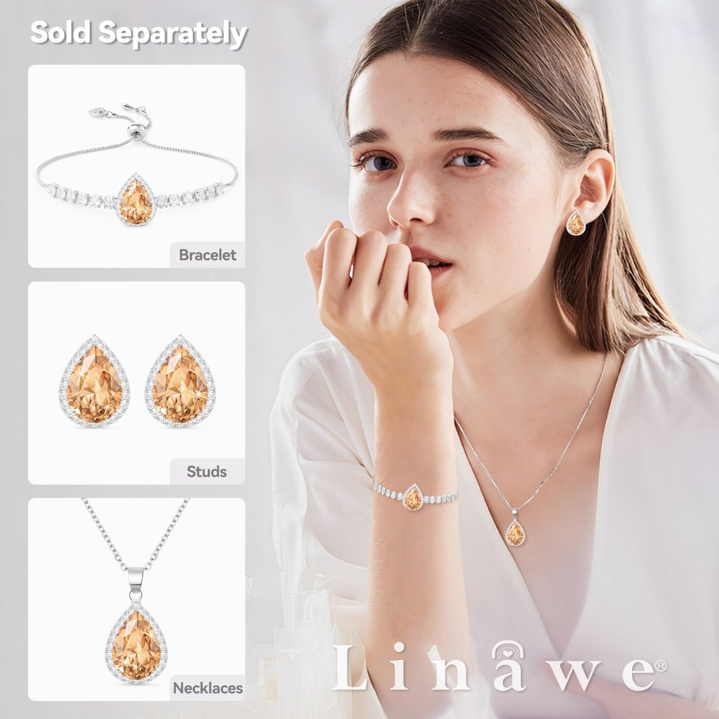 Linawe Silver Color Champagne Orange Rhinestone Stud Earrings for Women Trendy, CZ Cubic Zirconia Birthstone Tear Drop Gem Stone Earrings Stud, Pear Shaped Birthstone Fake Diamond Costume Jewelry