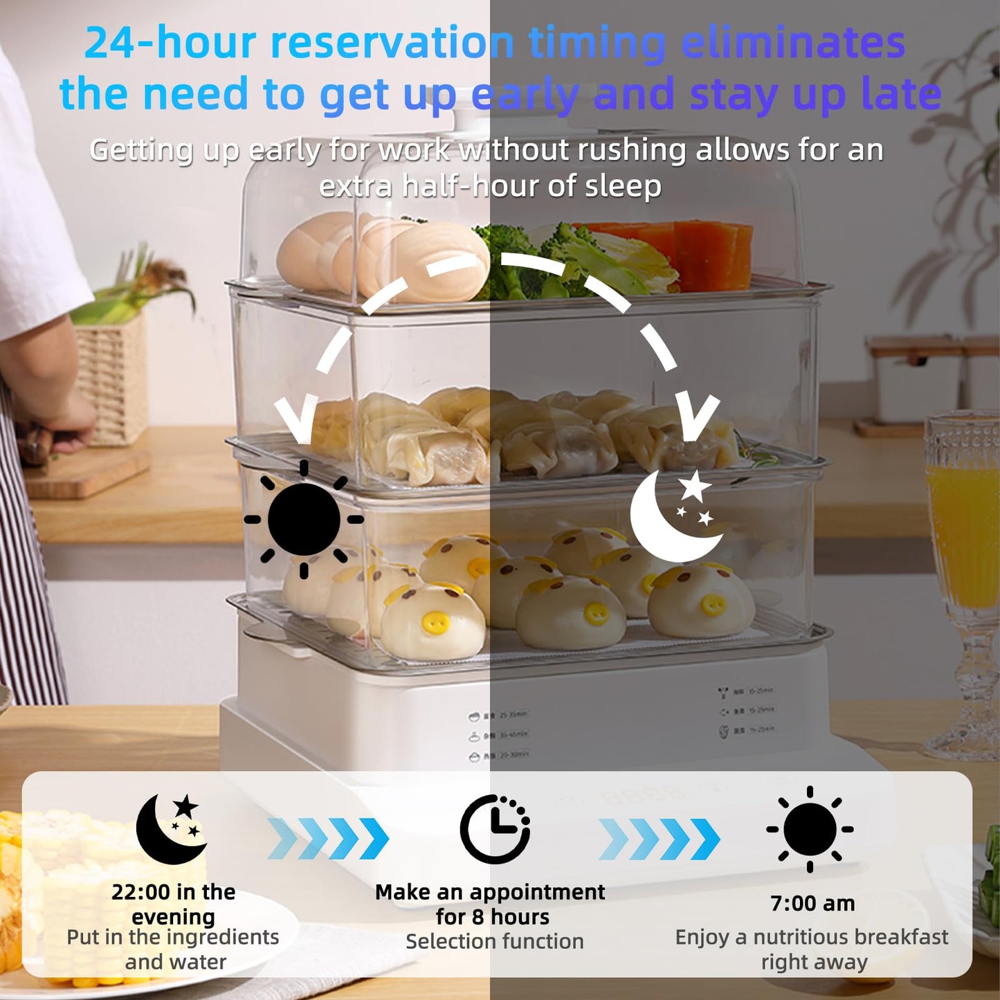 Electric Food Steamer, 3 Layers Food Steamer, 800W Commercial Stainless Steel Steamer, 22L/23QT Large Capacity Breakfast Machine with Timer, for Home, Restaurant, Party