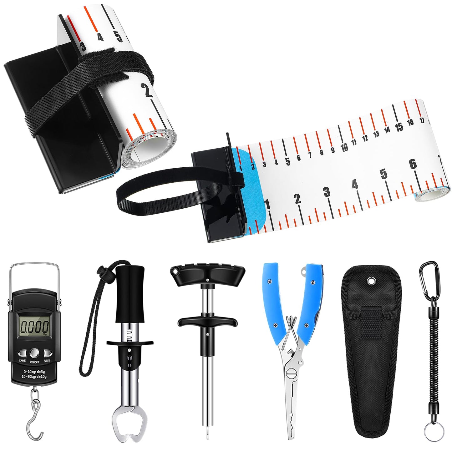 VioraWhite 7 Pcs 47 Inch PVC Fishing Ruler Bundle with Fishing Tools Easter Gifts for Men Anglers Loves Waterproof Roll-up Tape with Plier, Gripper, Hook Remover, Scale for Boat Kayak