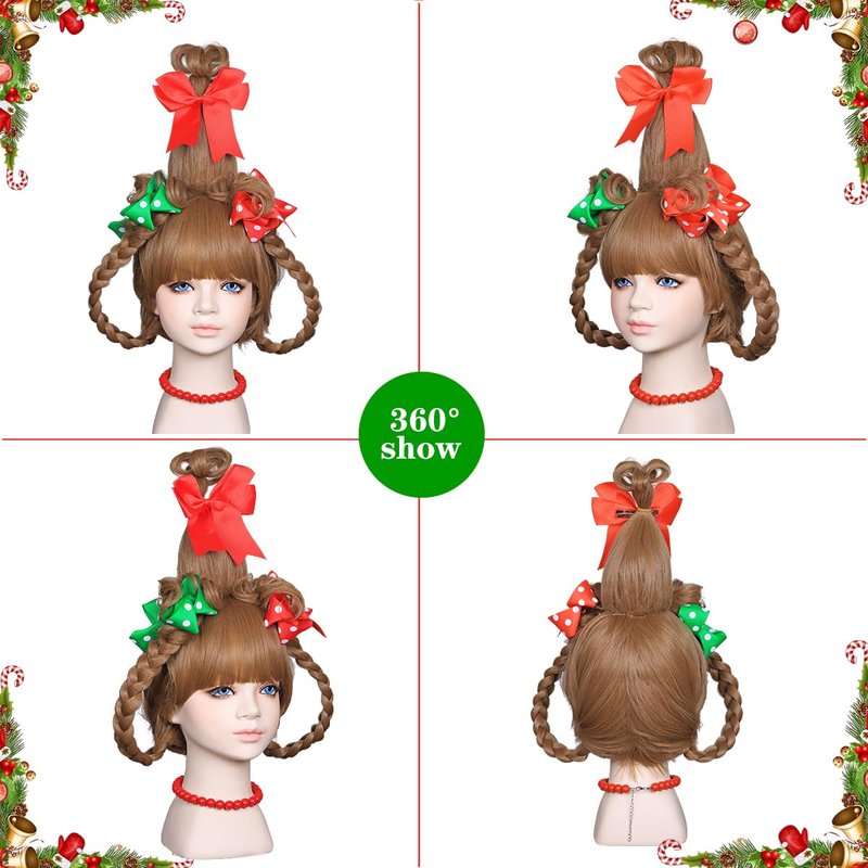 ColorGround Children's BLonde Braided Costume Wig with Red and Green Polka Dot Bows and Red Bead Necklace for Christmas Celebration Party(Blonde)