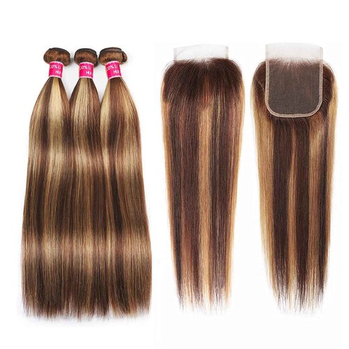 Realloves Highlight Ombre Human Hair Bundles with Closure 10A Highlight Brown Blonde 3 Bundle with 4X4 Closure Free Part (12 14 16+12Inch) Soft Straight Honey Brown Bundles Human Hair